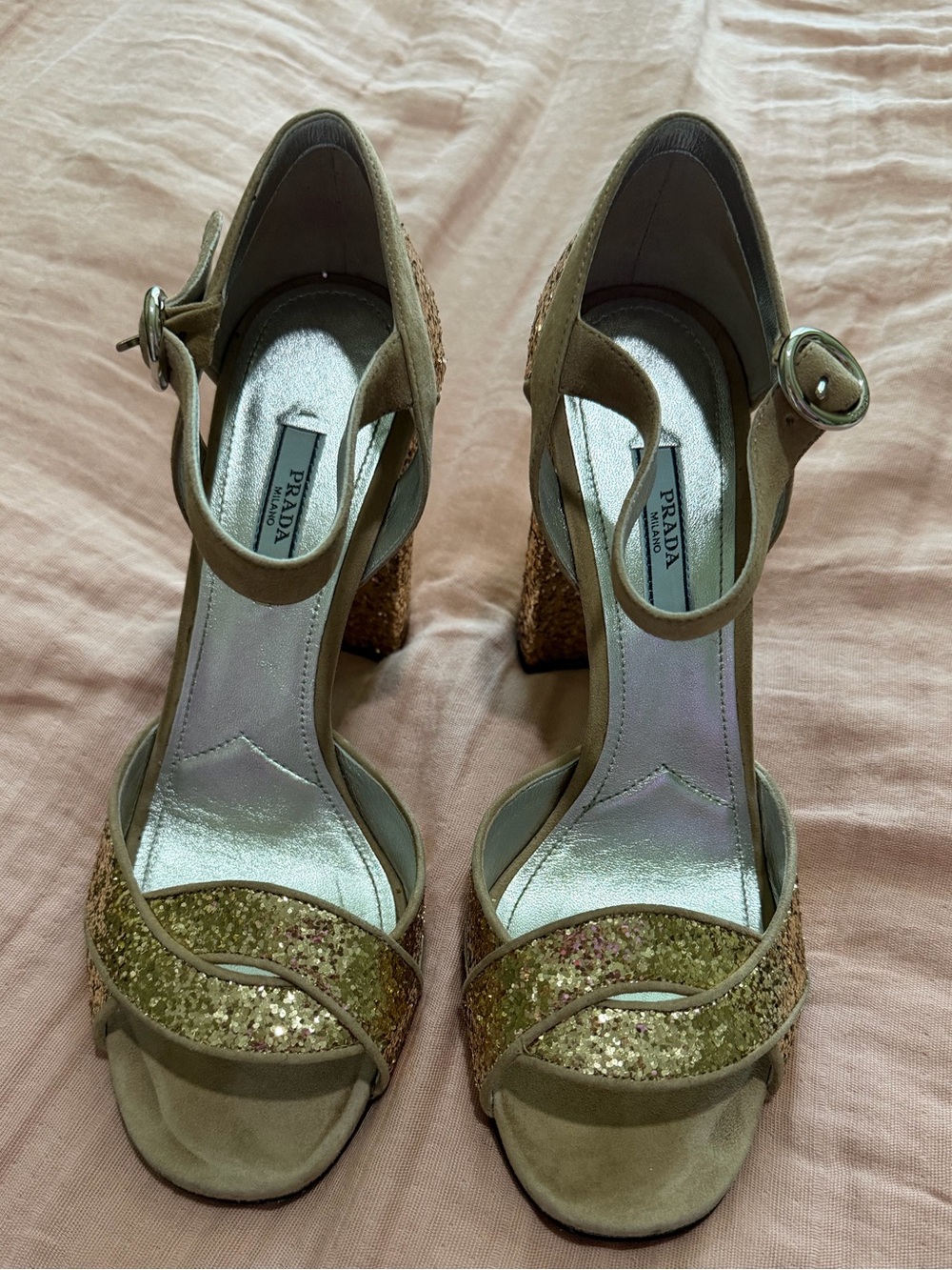 Prada Gold Glitter Suede Ankle-Strap Block Heels